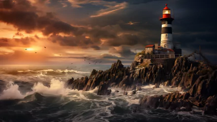 HD desktop wallpaper of a majestic lighthouse on rugged cliffs with waves crashing against the rocks at sunset, created with AI art.