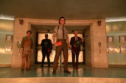 HD desktop wallpaper featuring the character Loki, played by actor Tom Hiddleston, along with other characters from Marvel's Loki Season 2, standing confidently in a retro-futuristic setting.