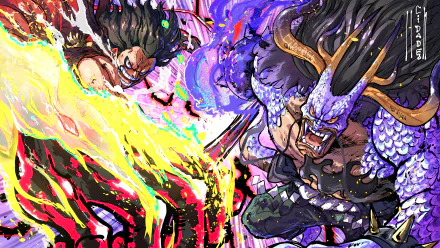 Monkey D. Luffy in Gear Fourth facing Kaido, a scene from the anime One Piece, displayed as a vibrant HD desktop wallpaper.