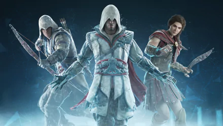 4K Ultra HD PC desktop wallpaper featuring three characters from the video game Assassin's Creed Nexus VR in dynamic poses against a misty blue background.