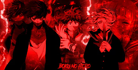 HD anime desktop wallpaper featuring three intense characters from My Hero Academia set against a dramatic red background with the Boku no Hero logo.