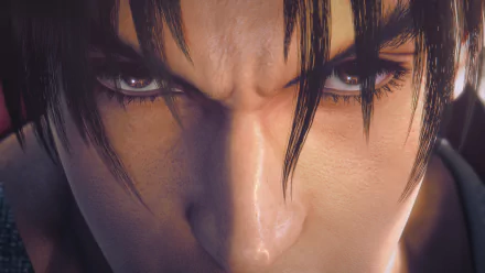HD wallpaper featuring a close-up of Jin Kazama from Tekken 8, capturing intense detail in his eyes and expression.