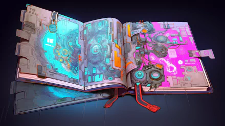 A vibrant, man-made illustration of an open book, showcasing intricate gears and a blend of blue and pink colors, designed as an HD desktop wallpaper background.