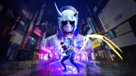 HD desktop wallpaper from GhostWire: Tokyo showcasing a dynamic scene with a character battling a large spectral entity in a neon-lit Tokyo street.