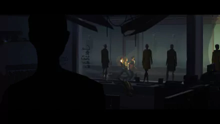 Silhouetted figures observing others around a fire in a dark, moody Somerville-themed HD desktop wallpaper.