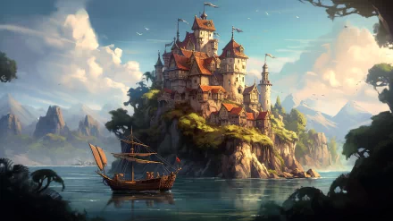 HD desktop wallpaper featuring a fantasy castle on a rocky island surrounded by water, with a boat sailing nearby. AI art brings the scene to life with vibrant, detailed imagery.