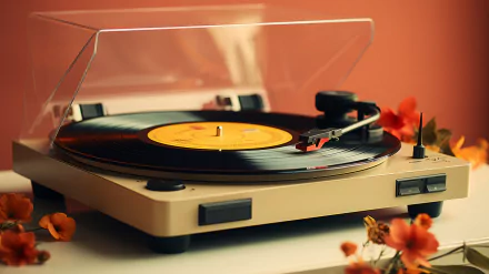 A stylish record player with a black vinyl record, surrounded by vibrant flowers, set against a soft peach background—an HD desktop wallpaper celebrating music and nostalgia.