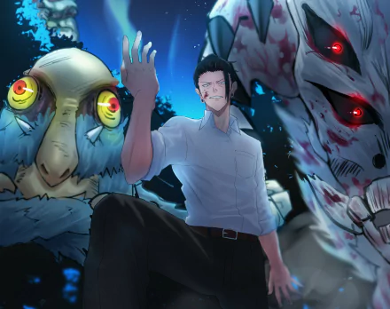 HD PC desktop wallpaper featuring Suguru Geto from the anime Jujutsu Kaisen, surrounded by ominous creatures under a dark, starry night sky.