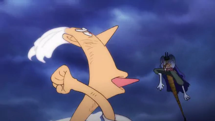 Anime-style HD desktop wallpaper featuring Monkey D. Luffy in Gear 5 form facing Kaido from One Piece, set against a dramatic cloudy sky background.