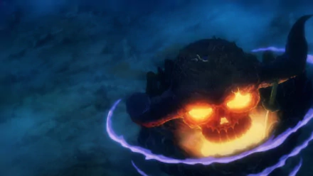 HD PC desktop wallpaper featuring a glowing fiery skull from the anime One Piece, surrounded by swirling dark and purple mist.