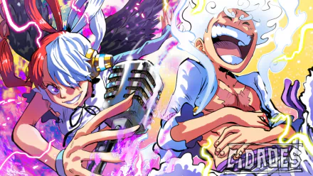 HD desktop wallpaper of Monkey D. Luffy in Gear 5 and Uta from One Piece, featuring vibrant, dynamic artwork with intense expressions and vivid colors.