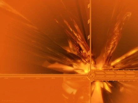 HD abstract CGI desktop wallpaper featuring a dynamic blend of orange textures, patterns, and shapes with a system-like design.