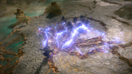 HD desktop wallpaper featuring a dynamic scene from Path of Exile 2 with vibrant lightning effects.