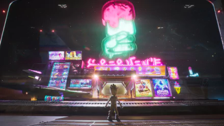 HD desktop wallpaper of Baby Groot standing in front of vibrant neon signage, capturing the essence of the 'I Am Groot' theme.