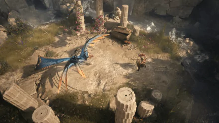 HD wallpaper of Titan Quest II featuring a winged creature and a warrior in an ancient ruins setting.