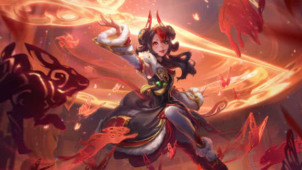 HD desktop wallpaper of Gwen from League of Legends, depicted in dynamic battle stance amidst swirling red magical energy.