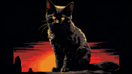 HD desktop wallpaper featuring a black cat with piercing eyes, silhouetted against a vibrant red and orange sunset backdrop.
