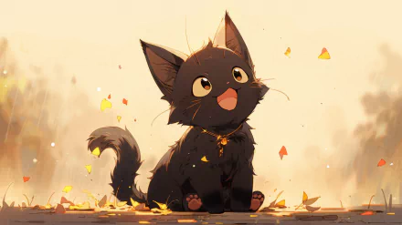 A charming black cat with large eyes and a playful expression sits amidst falling leaves, creating a delightful HD desktop wallpaper and background.