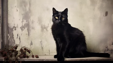 A striking black cat poses against a textured backdrop, radiating elegance. This high-definition image serves as a captivating desktop wallpaper showcasing the beauty of feline grace.