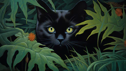 HD wallpaper of a black cat peeking through lush green foliage with vibrant yellow eyes.