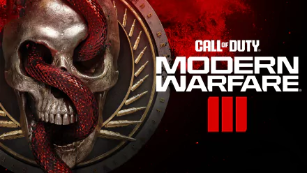HD wallpaper of Call of Duty: Modern Warfare III featuring a stylized skull with a snake, set against a dark, red splattered background and game logo.