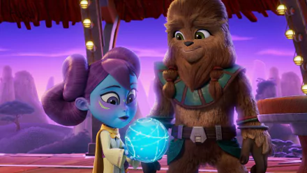 A vibrant HD desktop wallpaper from Star Wars: Young Jedi Adventures, featuring a young Jedi with purple hair and a Wookiee companion, interacting with a glowing holographic orb.