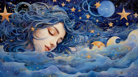 HD desktop wallpaper featuring a fantasy scene with a serene, dreaming woman surrounded by a starry night sky and whimsical ocean waves.