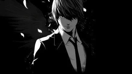 HD desktop wallpaper featuring Light Yagami from the anime Death Note, depicted in a dramatic black and white style with abstract dark wings in the background.