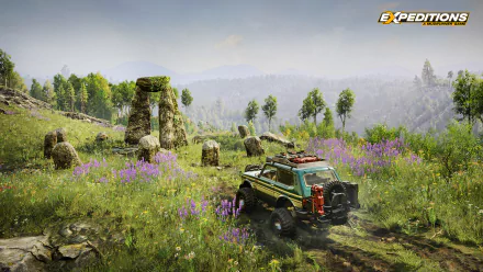 HD desktop wallpaper featuring an off-road vehicle from Expeditions: A MudRunner Game driving through a picturesque landscape with ancient stone structures and wildflowers.