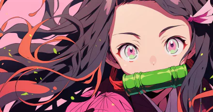HD desktop wallpaper of Nezuko Kamado from Demon Slayer: Kimetsu no Yaiba, featuring her vibrant eyes and signature bamboo muzzle amid swirling pink accents.