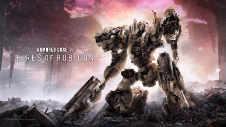 HD desktop wallpaper for Armored Core VI: Fires of Rubicon, featuring a towering robotic war machine amid a ruined battlefield.