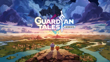 HD desktop wallpaper of Guardian Tales video game featuring two characters overlooking a colorful landscape with a floating castle in the sky.
