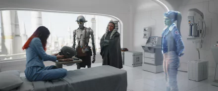 HD wallpaper featuring animated characters Ahsoka Tano and Hera Syndulla in a spaceship interior, with a holographic character projection.