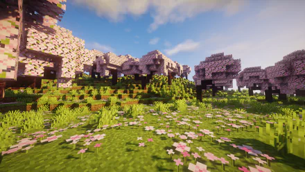 HD Minecraft desktop wallpaper featuring a vibrant landscape with pixelated pink cherry blossom trees, grassy terrain, and cubic blocks under a bright blue sky.
