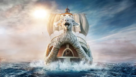 5K Ultra HD PC desktop wallpaper featuring the Going Merry from the One Piece live-action TV show: sheep-headed pirate ship cutting through ocean waves at sunrise.