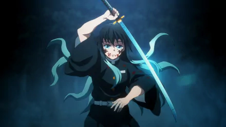 HD anime desktop wallpaper featuring a Demon Slayer: Kimetsu no Yaiba character wielding a glowing blue sword in a dark, atmospheric setting.
