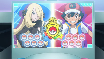 HD wallpaper featuring Cynthia and Ash Ketchum from Pokémon Ultimate Journeys: The Series, with their badges displayed.
