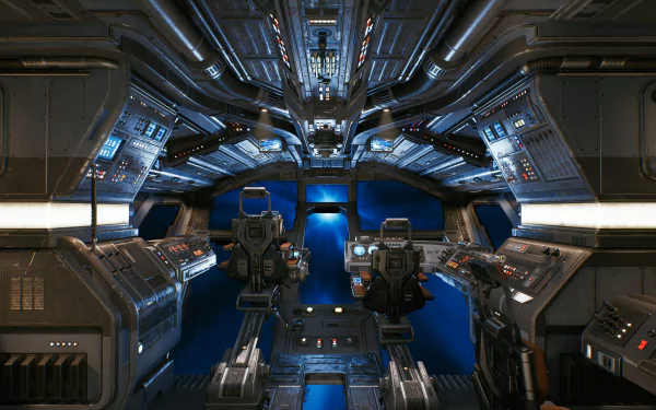 A striking HD desktop wallpaper from Star Wars Jedi: Survivor, showcasing a futuristic spaceship cockpit with intricate details and modern technology.