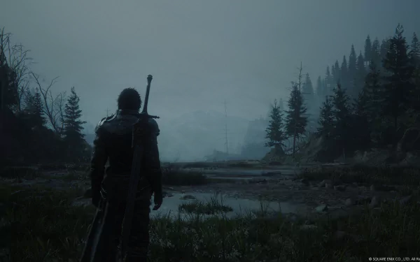 Clive Rosfield, the protagonist of Final Fantasy XVI, gazing into a misty, forested landscape in a high-definition desktop wallpaper.