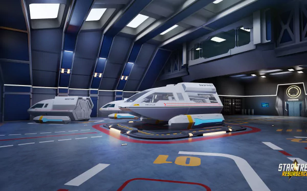 HD desktop wallpaper featuring a Star Trek: Resurgence spaceship in a futuristic hangar.