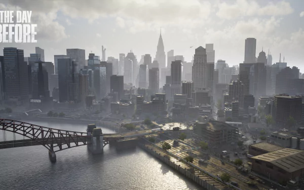 HD desktop wallpaper of The Day Before featuring a sunlit cityscape with skyscrapers and a bridge over water.