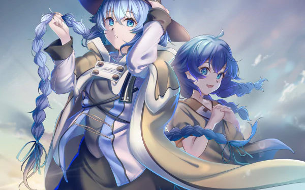 HD PC desktop wallpaper featuring Roxy Migurdia from the anime Mushoku Tensei: Jobless Reincarnation with blue hair and dynamic sky background.