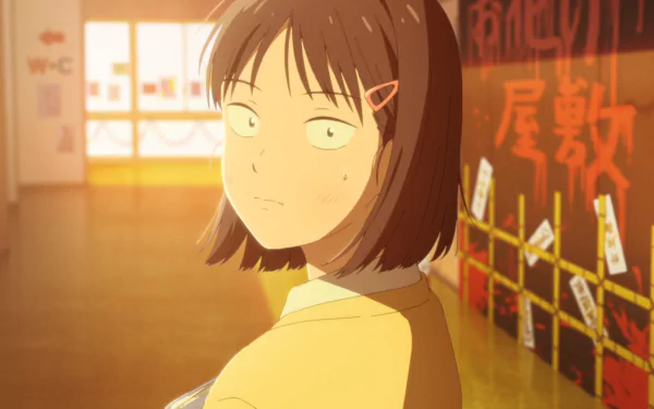 HD desktop wallpaper featuring a character from Skip and Loafer anime with a warm, sunlit school hallway background.