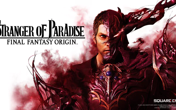 HD desktop wallpaper featuring a dynamic illustration from Stranger of Paradise: Final Fantasy Origin, showcasing a central character with intense expression and swirling dark energy.