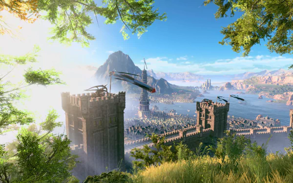 HD desktop wallpaper from Baldur's Gate 3 featuring a scenic view of a castle, mountains, and waterways in a vibrant, sunlit landscape.