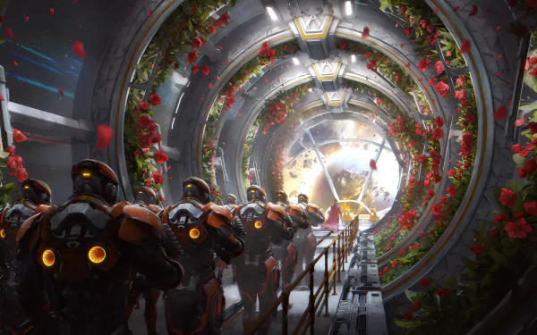 HD desktop wallpaper featuring armored soldiers in a futuristic, flower-lined corridor leading to a glowing royal throne.