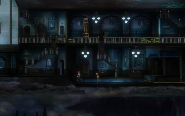 HD desktop wallpaper featuring Oxenfree II: Lost Signals game scene with characters exploring a dimly lit, mysterious building.