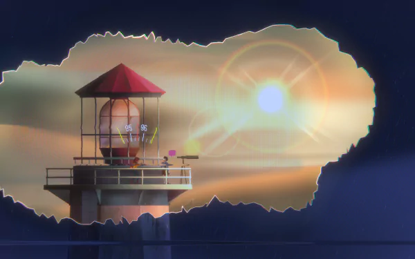 HD desktop wallpaper from Oxenfree II: Lost Signals featuring a lighthouse against a vibrant sunset, reflecting the game's unique artistic style and immersive atmosphere.