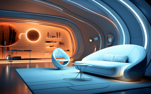Futuristic interior design with curved lines and ambient lighting, featuring a modern sofa and round elements, perfect for HD architecture-themed desktop wallpaper and background.