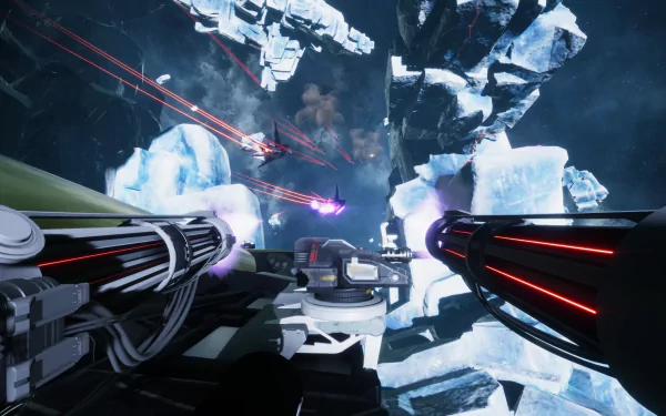 A dynamic HD desktop wallpaper from the video game Void Crew, featuring a captivating scene of spacecraft battling among icy formations and laser beams in a dark, starry space backdrop.